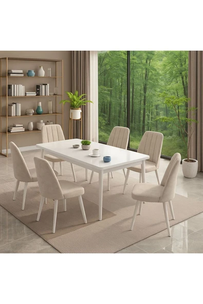 UZMHOME LALE Serisi Beyaz 80x130 Açılır Yemek Masası , Yemek Masa Takımı Metal Ayaklı 6 SandalyeLİ ürün görseli 1