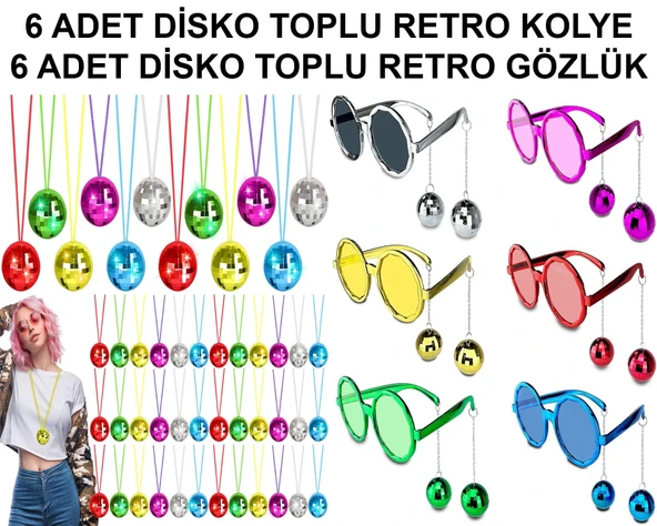 12 Parça Renkli Disko Toplu Retro Parti Seti – 6 Kolye + 6 Gözlük ürün görseli 1