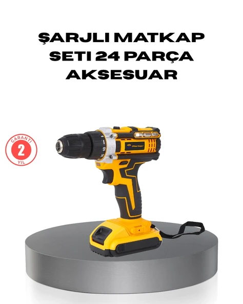 Çift Bataryalı Darbeli Şarjlı Matkap Seti – Metal Dişli, 24 Parça Aksesuar ve LED Işıklı ürün görseli 1