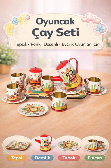 Desenli Metal Çay Seti 14 Parça Oyuncak Evcilik Seti ürün görseli 1