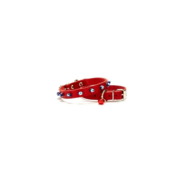 Cattie Gerçek Deriden El Yapımı Boncuklu Kedi Boyun Tasması 1,2x25-29cm - Red ürün görseli 1