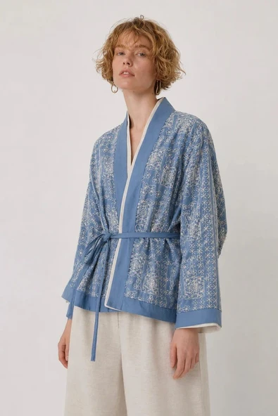 Kadın Etnik Nakışlı Kuşaklı Kısa Kimono ürün görseli 1