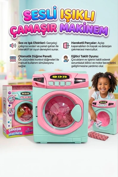 Fonksiyonel Oyuncak Çamaşır Makinesi - 22 cm Büyük Boy Oyun Seti, Eğitici Ev İşleri Taklit Oyunu ürün görseli 1