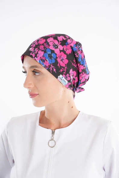 Pembe Çiçekler Desenli Tesettür Doktor Hemşire Hastane Aşçı Cerrahi Bone ürün görseli 1