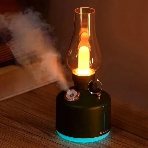 LA-0621 Gaz Lambası Görünümlü Gece Lambası 280ML Ayarlanabilir LED Işıklı Oda Kokusu Hava Nemlendirici Siyah ürün görseli 1