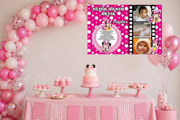 Mickey Mouse Pembe Temalı Doğum Günü Afişi 150X100 cm Branda Afiş ürün görseli 1