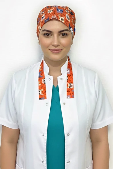 Turuncu Tavşan Desenli Tesettür Veteriner Doktor Hemşire Hastane Aşçı Cerrahi Bone ürün görseli 1