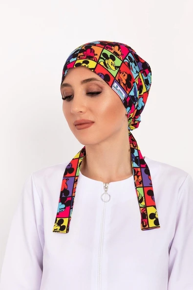 Kareli Mickey Desenli Tesettür Doktor Hemşire Hastane Aşçı Cerrahi Bonesi ürün görseli 1