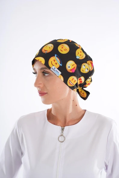Siyah Emoji Desenli Tesettür Doktor Hemşire Hastane Aşçı Cerrahi Bone ürün görseli 1