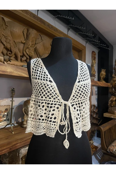 KESKİN AKSESUAR BOHEM ÖRGÜ CROP BLUZ BAĞLAMALI DANTEL DETAYLI YAZLIK ÜST ürün görseli 1