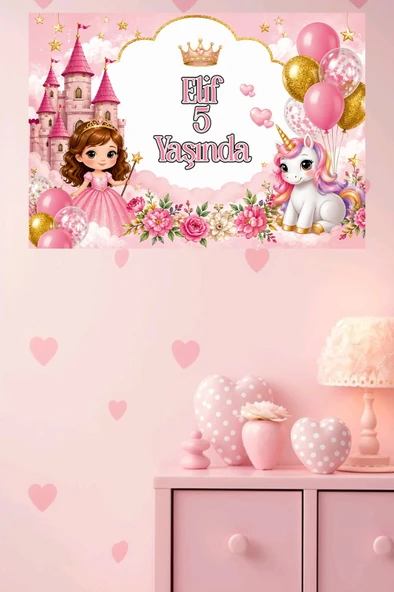 Kişiye Özel Prenses Unicorn Doğum Günü Branda Afiş  Isimli 5 Yaş Konsepti Parti Arka Planı 100 X 70CM ürün görseli 1