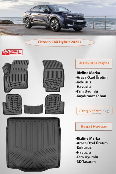 Rizline Citroen C4X Hybrit 2025 ve Sonrası 3D Havuzlu Paspas ve Bagaj Havuzu Set ürün görseli 1