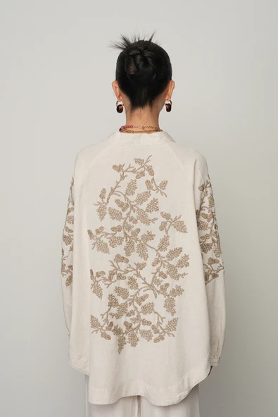 Kadın Sırt ve Kol İşlemeli Bohem Tarz Natur Oversize Kimono ürün görseli 1