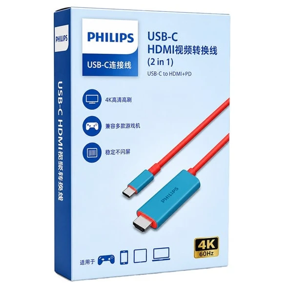 Philips SWR1650Y/93 USB-C To HDMI 4K 60Hz Adaptör Kablo + 100W PD Şarj Desteği (2'Si 1 Arada) ürün görseli 1