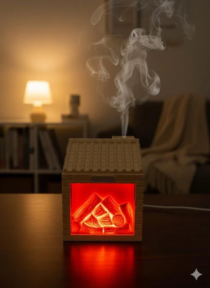 Ferro E354 Kömür Evi Tasarımlı Gece Lambalı Sessiz 200ML LED Işıklı Mini Hava Nemlendirici Oda Kokusu Krem ürün görseli 1