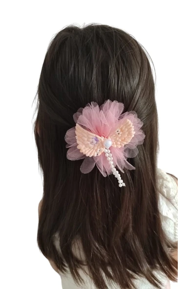 FAMEMUS ACCESSORY Ortası Yarım İnci Sallantılı Tüllü Melek Kanadı Model Karışık Renk Çocuk Pens Toka ürün görseli 1