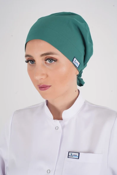 Düz Ameliyat Yeşili Renk Tesettür Doktor Hemşire Hastane Medikal Tesettür Cerrahi Bonesi ürün görseli 1