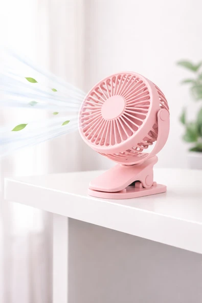Cullera K-18 Pembe Taşınabilir Klipsli Fan Pil ile Çalışır, 3 Hızlı USB Şarj Edilebilir Mini Masa Fanı ürün görseli 1