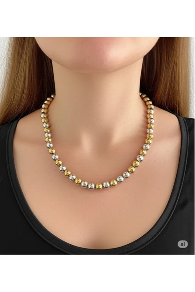 FAMEMUS ACCESSORY Paslanmaz Çelik Gold & Silver Renkli Top Boncuk Kadın Kolye – Şık ve Zarif Tasarım ürün görseli 1