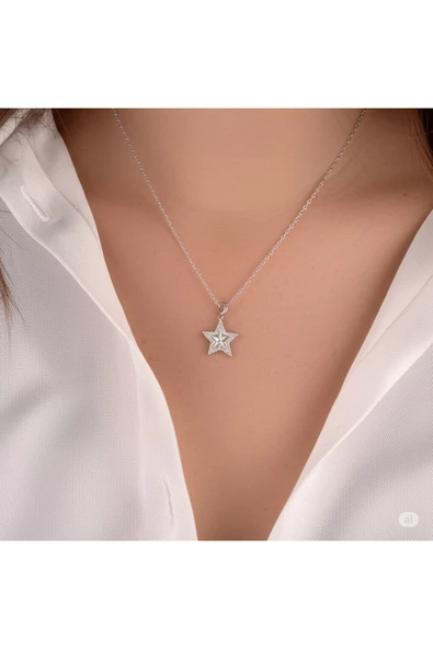 FAMEMUS ACCESSORY Çelik Zirkon Taşlı Yıldız Model Gümüş Renk Kadın Kolye ürün görseli 1