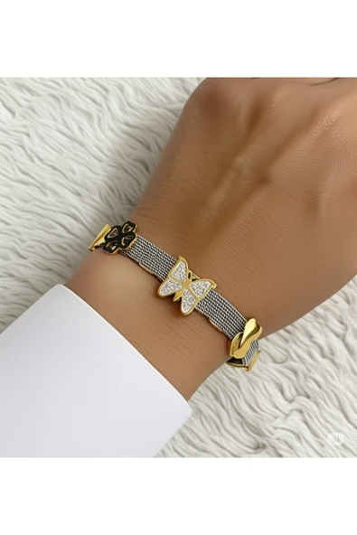 FAMEMUS ACCESSORY Kadın Metal Kordonlu Kelebek ve Yonca Detaylı Bileklik ürün görseli 1
