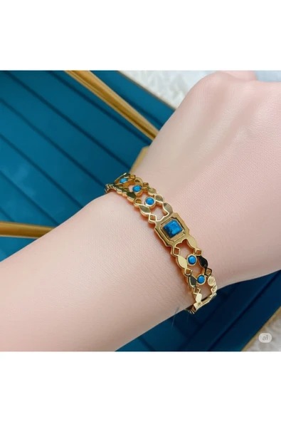 FAMEMUS ACCESSORY Sevgililer Gününe Özel Gold Çelik Turkuaz Taşlı Özel Tasarım Bileklik ürün görseli 1