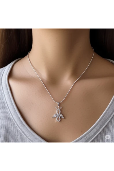 FAMEMUS ACCESSORY Zirkon Taşlı Sonsuzluk Melek Kanatlı Çelik Kolye – Kadınlara Özel Şık ve Anlamlı Aksesuar ürün görseli 1