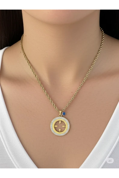 FAMEMUS ACCESSORY Kadın Çelik gold Renk Nazar Boncuklu Yuvarlak Model Kolye ürün görseli 1