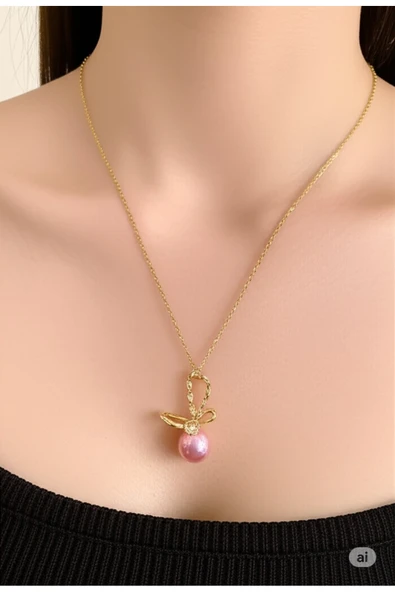 FAMEMUS ACCESSORY Gold Renkli Zarif Zincirli Pembe İnci Taşlı Kolye ürün görseli 1