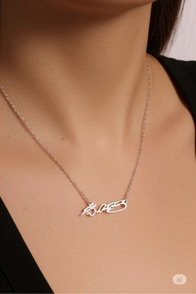 FAMEMUS ACCESSORY Çelik Zincir Gümüş Renk Atatürk İmza Figür Kadın Kolye ürün görseli 1