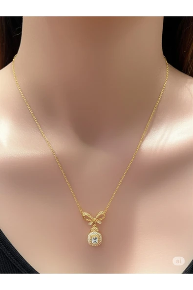 FAMEMUS ACCESSORY Zarif Fiyonk Taş Detaylı 45 cm Çelik Gold Kolye ürün görseli 1