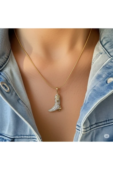 FAMEMUS ACCESSORY Çelik Zirkon Taşlı Çizme Model Gold Renk Kadın Kolye ürün görseli 1