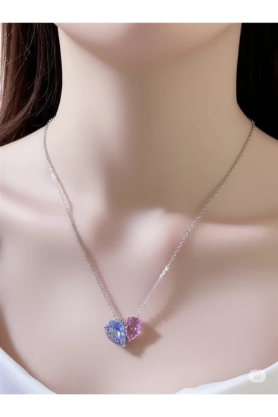 FAMEMUS ACCESSORY İkili Kalp Tasarımlı Zarif Çelik Kolye – Mor & Mavi Taşlı ürün görseli 1