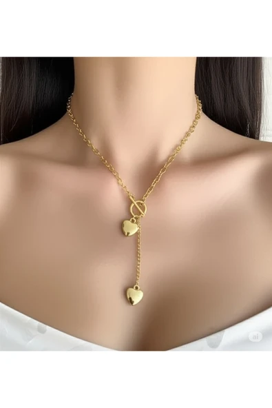 FAMEMUS ACCESSORY Çift Kalpli Zincir Detaylı Kadın Kolye ürün görseli 1