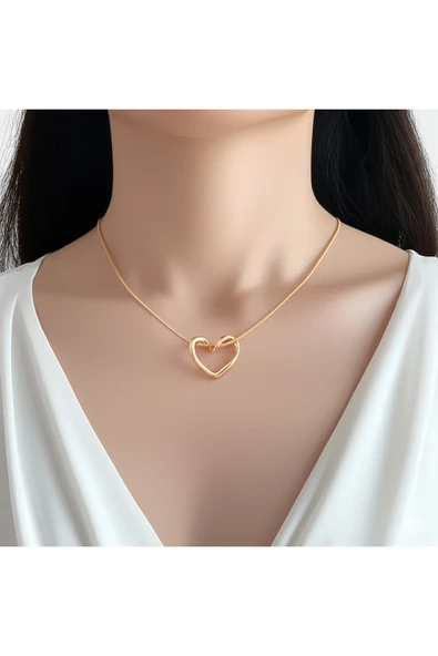 FAMEMUS ACCESSORY 316L Paslanmaz Çelik Kalp Şekilli Gold Kolye ürün görseli 1