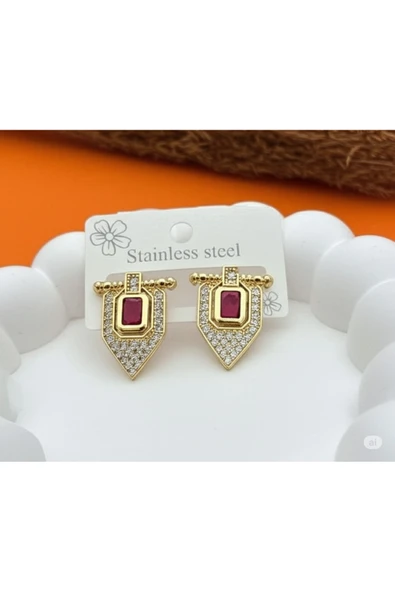 FAMEMUS ACCESSORY Renkli Kırmızı Taş Detaylı Çelik Küpe ürün görseli 1