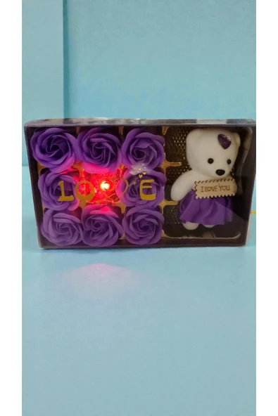 FAMEMUS ACCESSORY Sevgililer Gününe Özel(I LOVE YOU yazılı Asetatlı Güllü Ayıcık Mor renk Hediyelik boyut:20*11cm ürün görseli 1