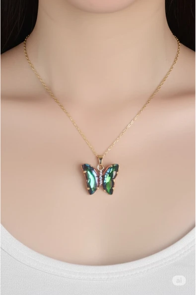 FAMEMUS ACCESSORY Çelik Zincir Altın Renk Zincir Yeşil Kelebek Model Renkli Zirkon Taşlı Kolye ürün görseli 1