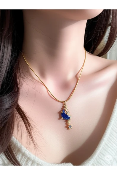 FAMEMUS ACCESSORY Yıldızlı Mavi Opalit Ay Çelik Kolye Sevgiler ve Özel Günler ürün görseli 1