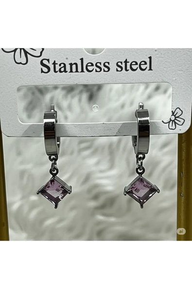 FAMEMUS ACCESSORY Pembe Kare Kristal Sallantılı Çelik Halka Küpe ürün görseli 1