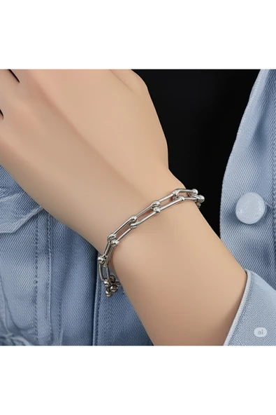 FAMEMUS ACCESSORY Modern Zincir Detaylı Unisex Bileklik – Gümüş Renk ürün görseli 1