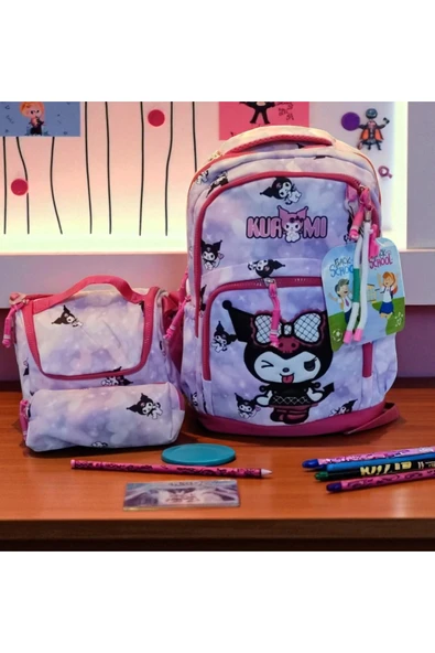 FAMEMUS ACCESSORY Kuromi 3 lü Çanta Seti (Çanta boyut:50 cm beslenme boyut:30 cm kalemlik:10 cm) Ekstra kalite kumaş ürün görseli 1