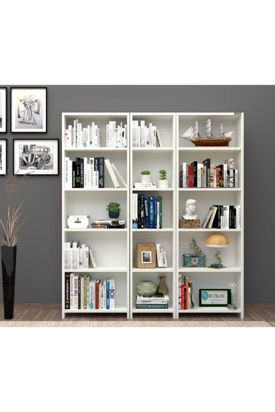 Buzkan Mobilya % 100 Mdf Mobilya 5 Raflı Geniş Kitaplık - Beyaz Parlak beyaz parlak ürün görseli 1