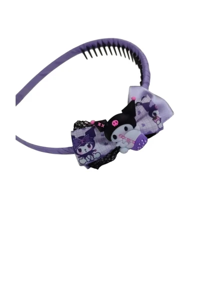 FAMEMUS ACCESSORY Kuromi ve Saten Fiyonk Figürlü Dantel Detaylı Mor Renk Kurdale Sargılı Taraklı Taç ürün görseli 1