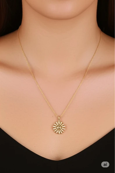 FAMEMUS ACCESSORY Çelik Gold Renk Zincir Zirkon Taşlı Güneş Model Kadın Kolye ürün görseli 1