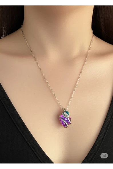 FAMEMUS ACCESSORY Çelik Mor Kalp Çiçeği Kolye Yaprak Detaylı ürün görseli 1