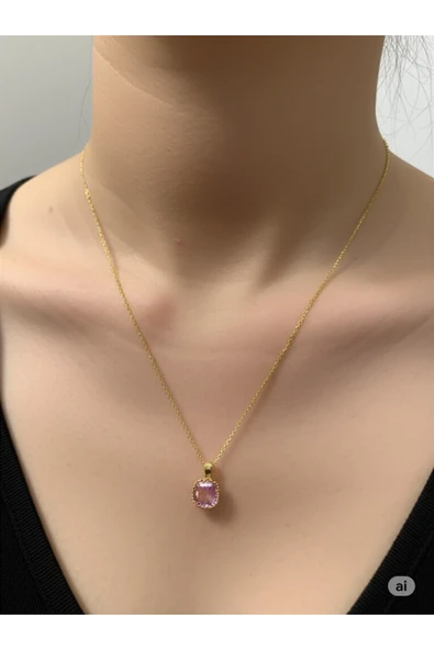 FAMEMUS ACCESSORY Zarif Gold Zincirli Pembe Taşlı Kadın Kolye ürün görseli 1