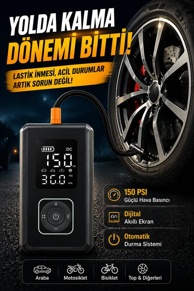 Araç Pompası, Akü Takviyesi, Fener, Powerbank Özellikli, Taşınabilir Kompresör, Araç Pompası ürün görseli 1