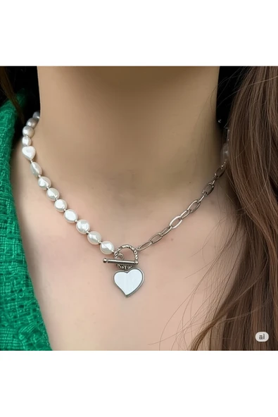 FAMEMUS ACCESSORY Kadın İnci Detaylı Kalp Figürlü Kombin Kolye ürün görseli 1