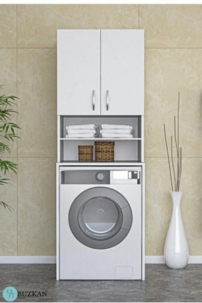 Buzkan Mobilya %100 Mdf Çamaşır Makinesi Dolabı Banyo Dolabı Raflı Kapaklı Dolap beyaz parlak ürün görseli 1